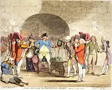 Centre: George III, drawn as a paunchy man with pockets bulging with gold coins, receives a wheel-barrow filled with money-bags from William Pitt, whose pockets also overflow with coin. To the left, a quadriplegic veteran begs on the street. To the right, George, Prince of Wales, is depicted dressed in rags.